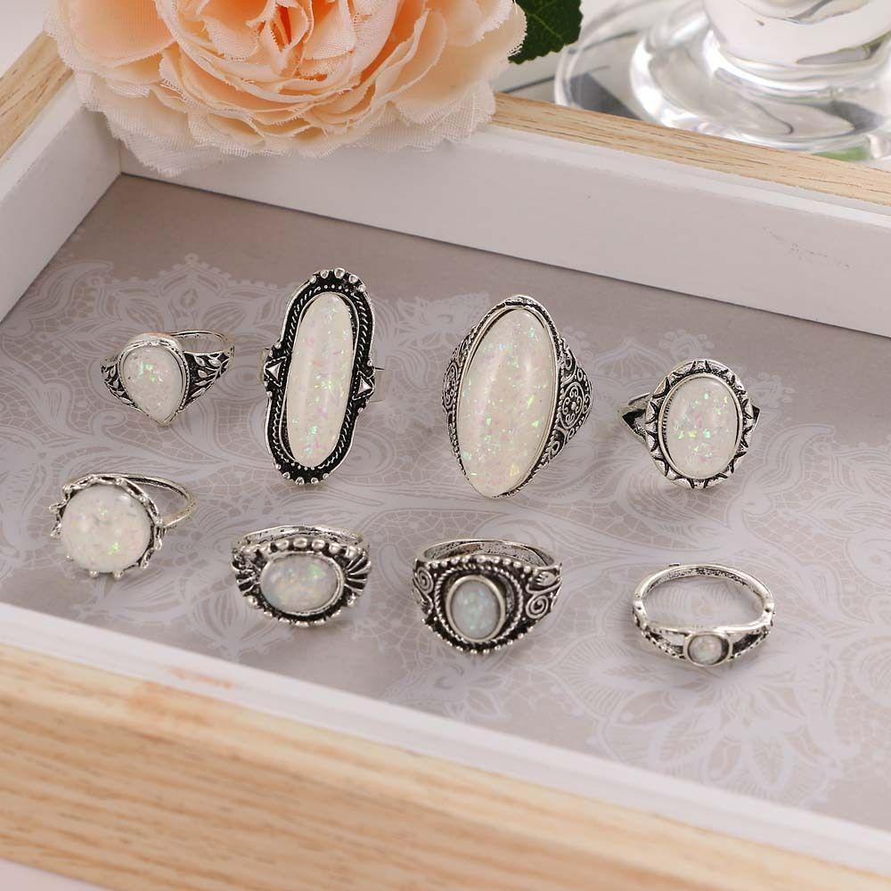 Set 8 Nhẫn Opal Hợp Kim Cho Nữ|Bông Tai Trong Suốt Chạm Khắc Phong Cách Bohemian