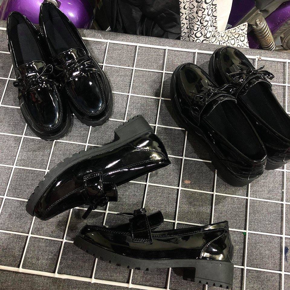 ulzzang [Hàng Về Sẵn] Giày lười da bóng đính nơ nhỏ xinh - dễ thương Giày nữ sinh Hàn Quốc