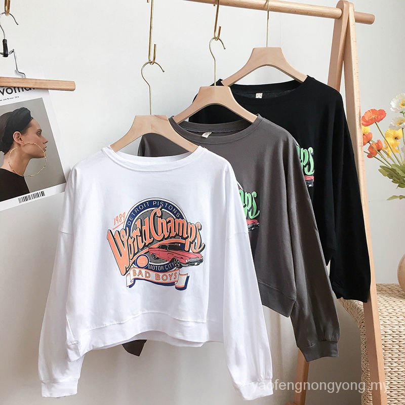 Áo sweater Cotton dáng rộng in chữ Fesyen 100 kapas thời trang bốn mùa