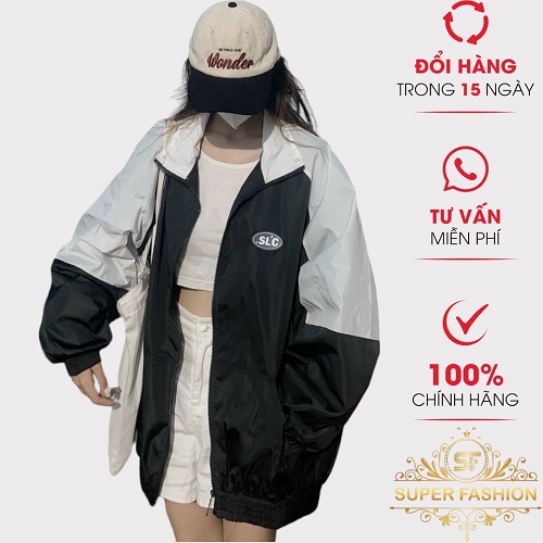 Áo Khoác Nhẹ Nữ Cổ Trụ SUPER FASHION Chất Dù 2 Lớp Phối Màu In Logo Đẹp Form Rộng Mặc Thoải Mái