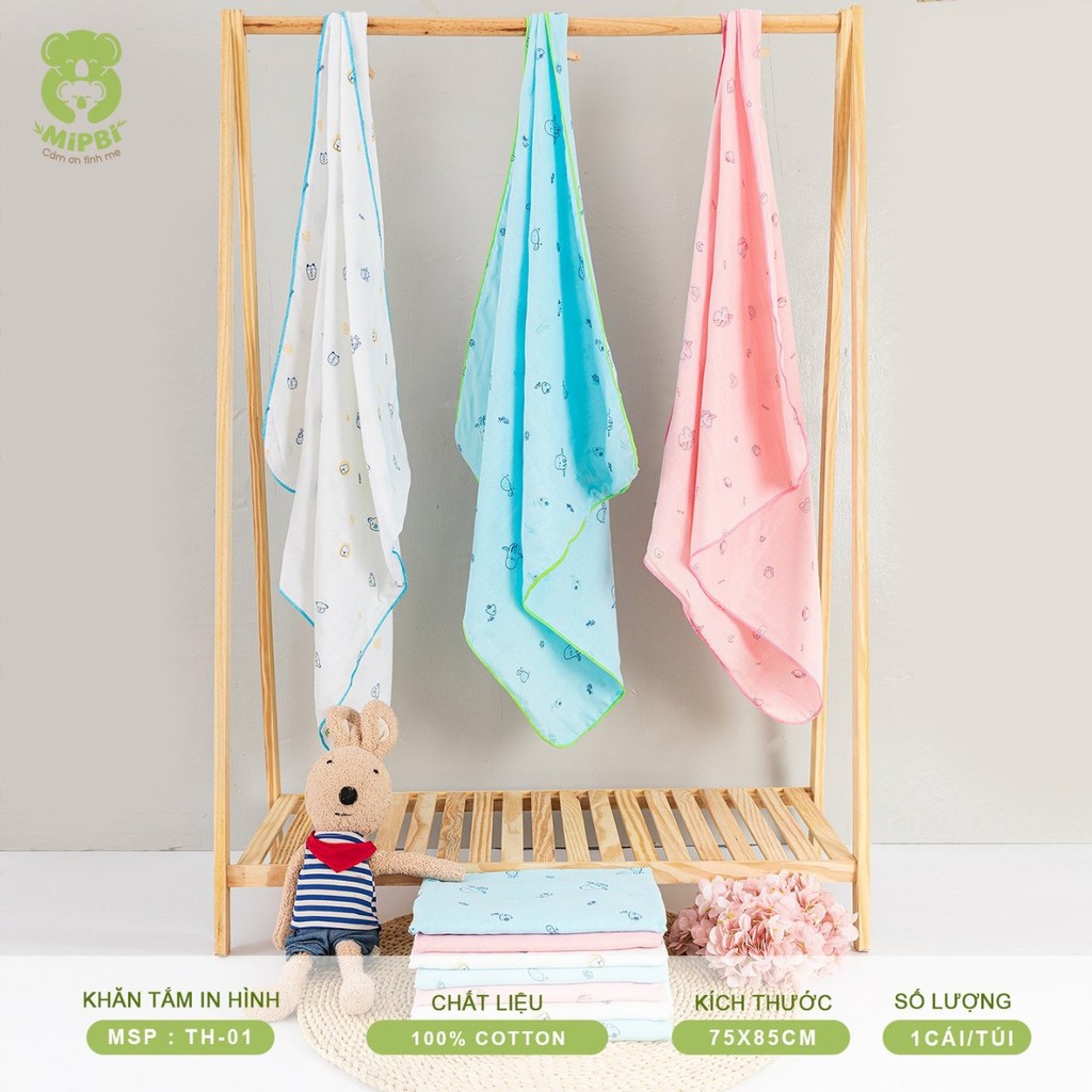 Khăn tắm in hình cao cấp Mipbi 4 lớp 100% cotton tự nhiên TH01 (Túi 1 chiếc 75x85cm)