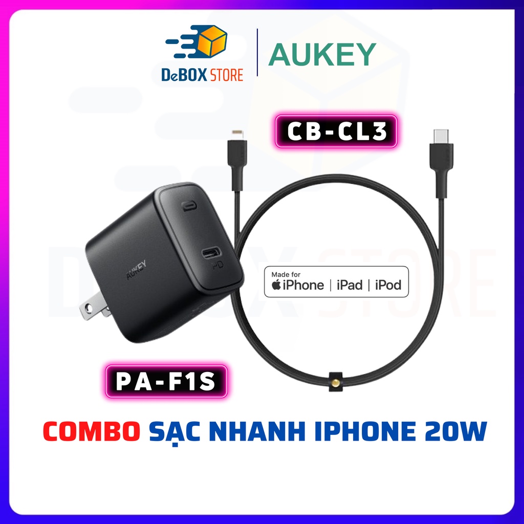 【Giao hàng nhanh】Combo Cốc Sạc Nhanh Aukey F1S PD 18W-20W, Cáp C To Lightning CB-CL3 - Bảo hành 18T Chính Hãng