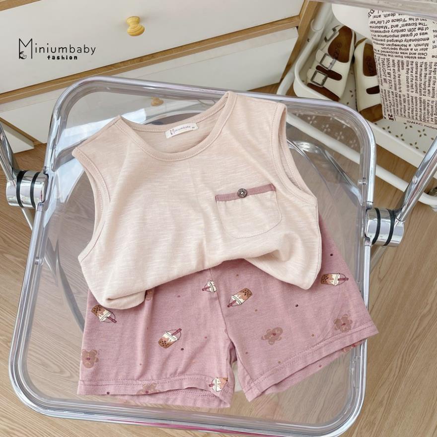Bộ ba lỗ MiniumBaby cho bé trai, bé gái thêu túi ngực 100% cotton cho bé gái mặc hè thoáng mát, quần áo trẻ em -SB1240
