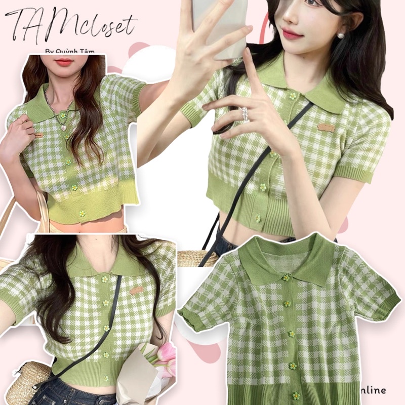 Áo thun len caro + nút hoa xinh xắn - TK1013