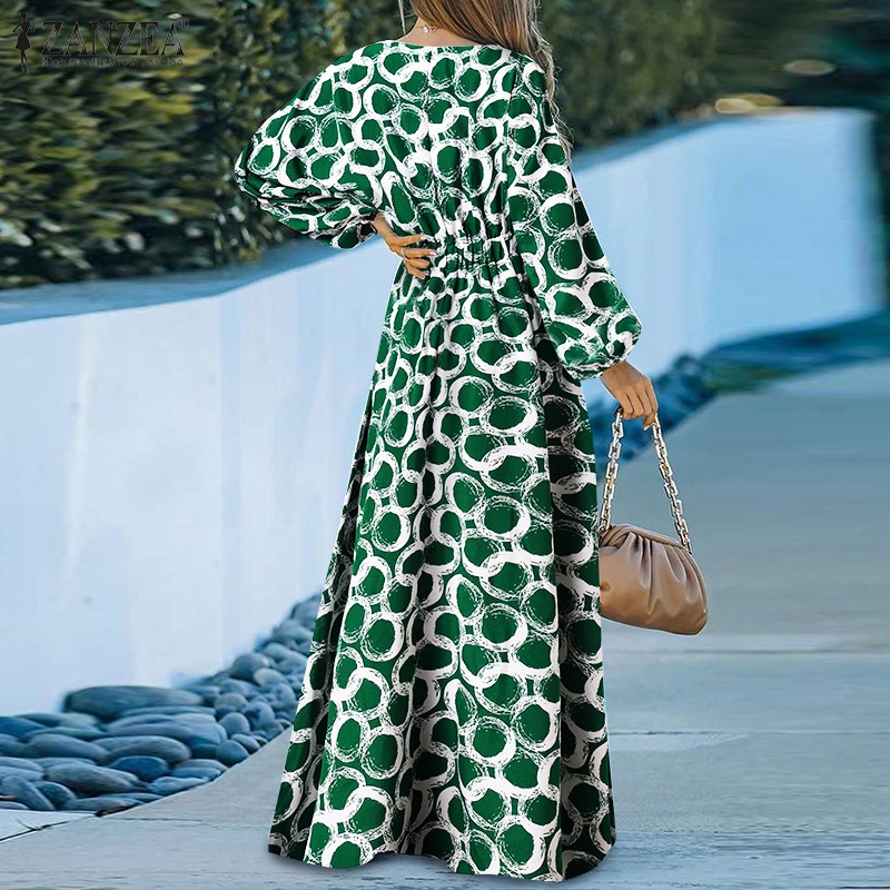 Đầm Zanzea tay dài cổ chữ V phong cách Châu Âu thanh lịch cho nữ