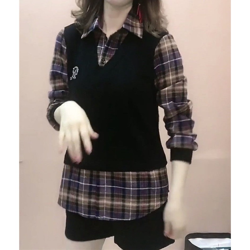 Áo Sơ Mi Giả Hai Lớp Họa Tiết Sọc Caro Thời Trang Xuân Thu Cho Nữ | BigBuy360 - bigbuy360.vn