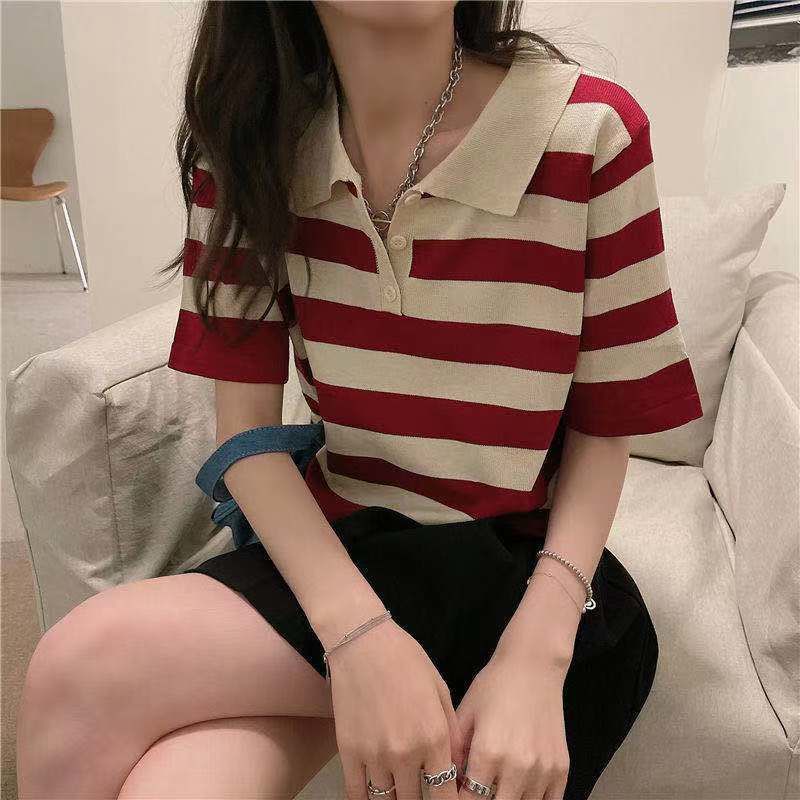 Áo polo Dệt Kim Tay Ngắn Kẻ Sọc Thời Trang