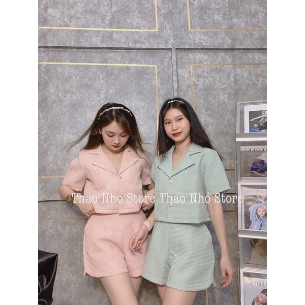 Sét xốp hồng áo vest lửng short lưng sau thun