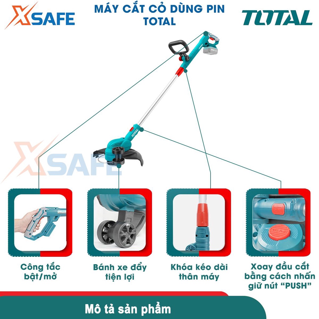 Máy cắt cỏ dùng pin TOTAL đường kính cắt 300mm, cắt bằng dây cước xoắn 1.6mm, chiều dài dây cước 5m -[CHÍNH HÃNG][XSAF]