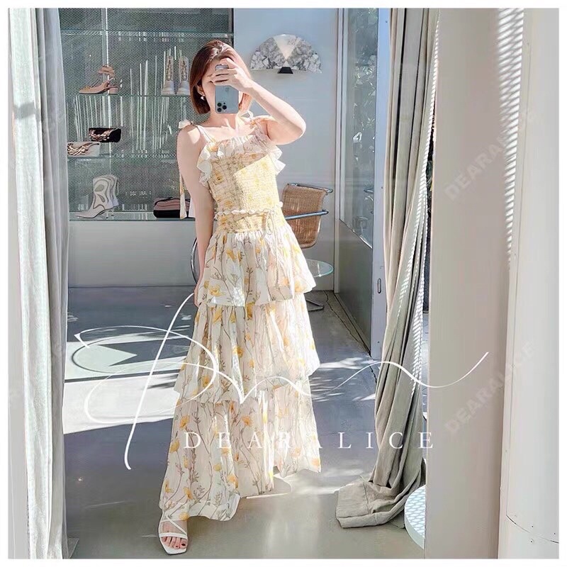 Đầm xoè xếp ly BẠCH LỘC thắt nơ ống trên cùng váy hoa của phụ nữ một từ cổ áo thun eo váy bánh