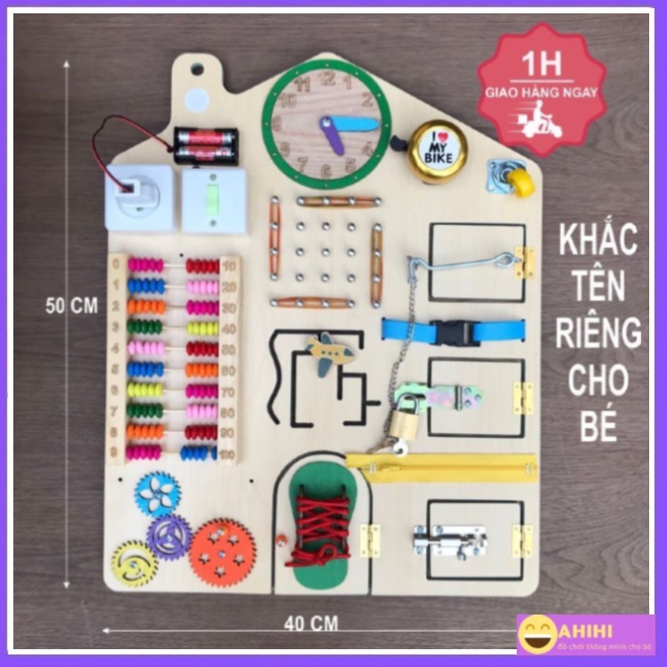 Bảng bận rộn Busy board, bảng gỗ cho bé đầy đủ chức năng nhất kết hợp cùng bảng xếp hình khối Ahihi