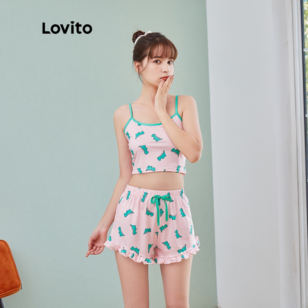 Set trang phục Lovito ôm dáng vừa vặn in họa tiết khủng long thiết kế viền bèo đáng yêu L04103 (màu hồng)