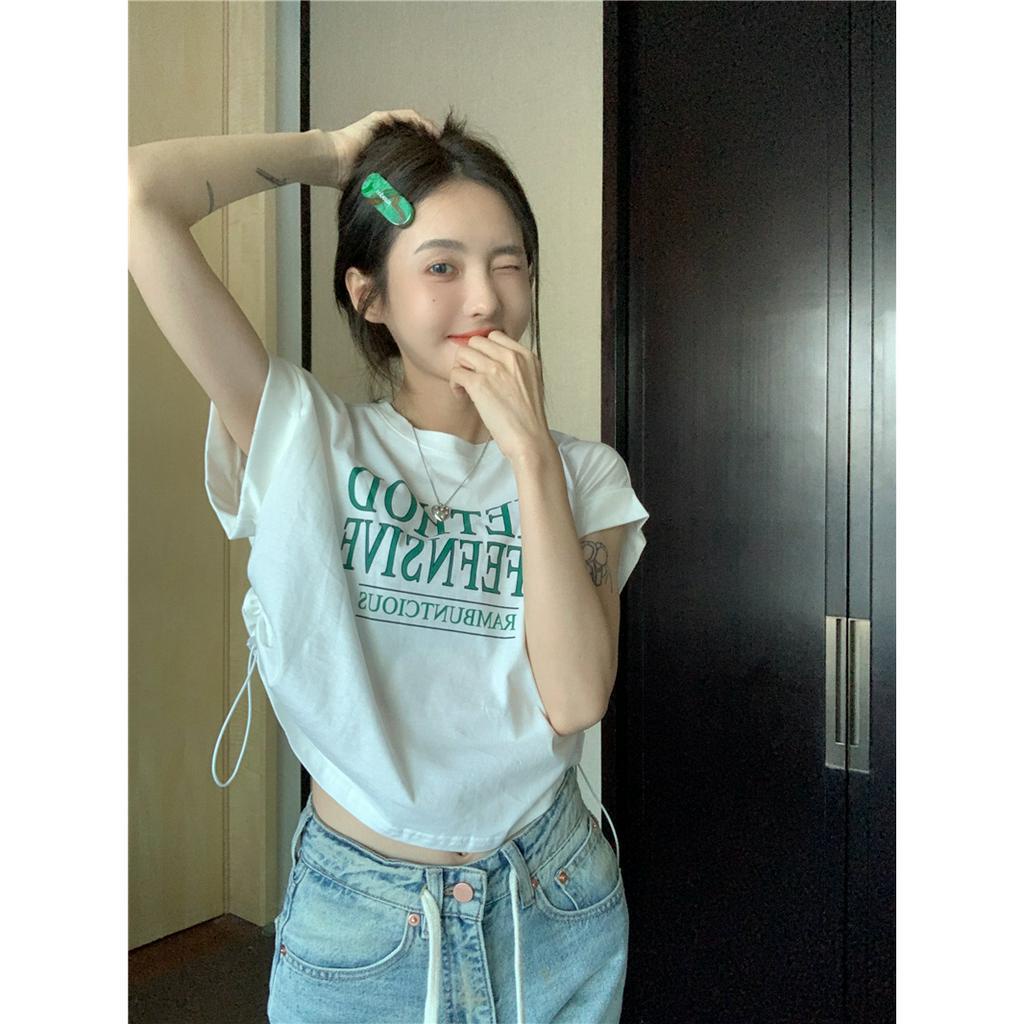 QADCOL  áo crop top Áo Thun Tay Ngắn Phối Dây Rút Trước Ngực In Họa Tiết Độc Đáo Thời Trang Mùa Hè Chất Lượng áo croptop tay dài form rộng Cao Cho Nữ