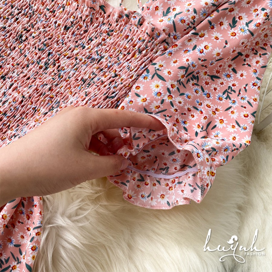 Đầm hoa cổ vuông tay ngắn xếp ly - DDTN02