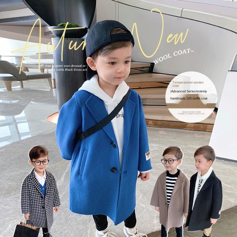 Korean fashion autumn boys' tweed coat little boys' medium length woollen long sleeve coat children's wear