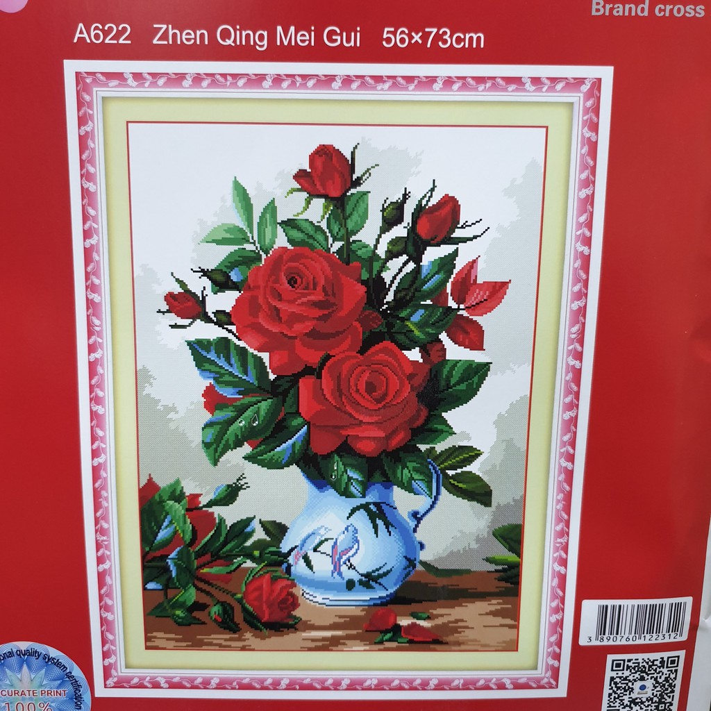 Tranh Thêu Chữ Thập BÌNH HOA HỒNG. Kích Thước: 73cm x 56cm