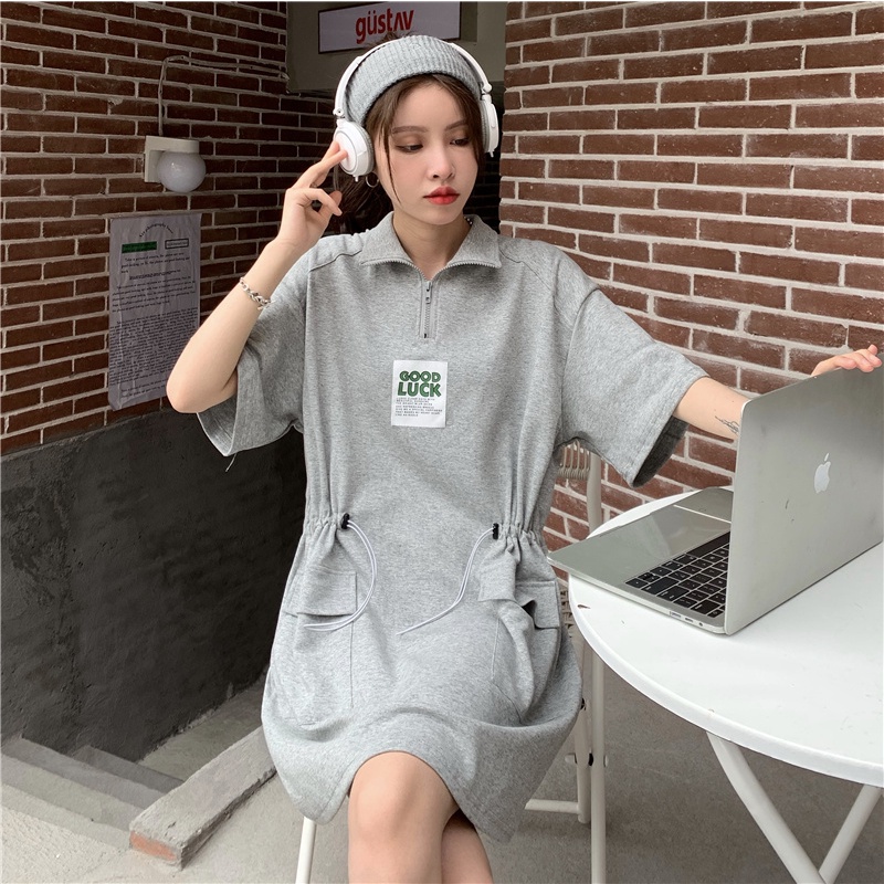 Đầm Perty thiết kế tay ngắn cổ polo có dây rút in chữ thời trang Hàn Quốc cho nữ