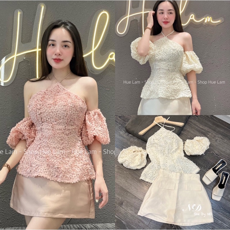 Set áo ren hoa cổ yếm mix chân váy tacta “DONNA” tiểu thư