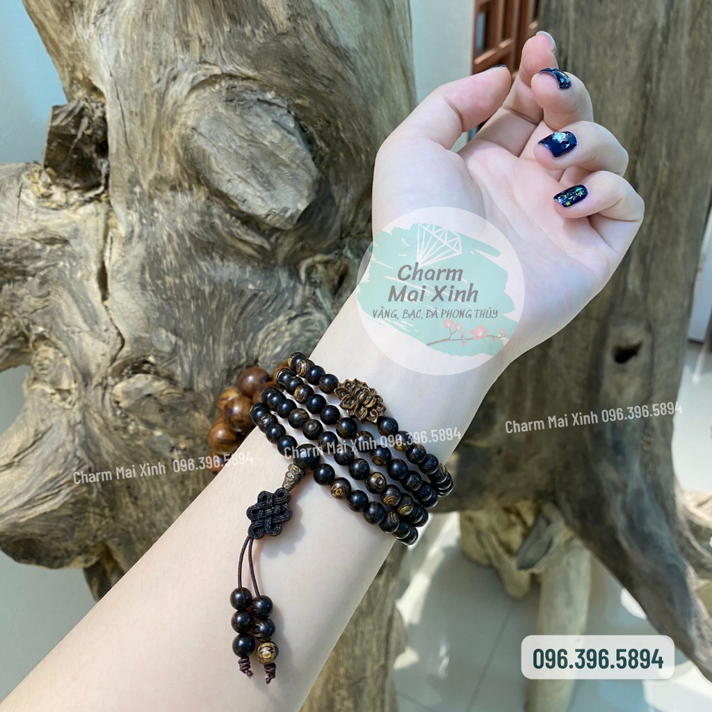 Chuỗi Trầm Hương Sánh 108 hạt phối Búp Sen Trầm và Nút Thắt Cát Tường Trầm - Vòng Tay Hoa Gỗ tự nhiên Nam Nữ phong thuỷ