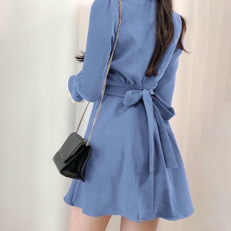 Đầm thời trang nữ mặc đi chơi, đầm chất umi dày tay dài cổ ren phối tay ren váy xoè có 2 màu xanh và đỏ