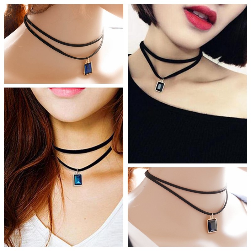 Vòng tay choker màu đen phối ren nhung cổ điển phong cách gothic đính đá pha lê đẹp mắt