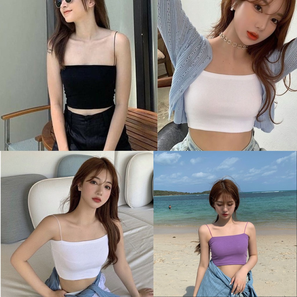 Áo 2 dây sợi bún thun gân đẹp 100% cotton, kiểu áo croptop chất bo gân dáng ôm vải mịn co giãn màu TÍM/ĐEN/TRẮNG -ckv014