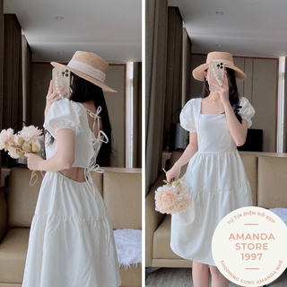 Váy đầm hở lưng màu trắng syte Hàn Quốc, Váy đầm vai bồng hở lưng dây nơ siêu xinh cho hè