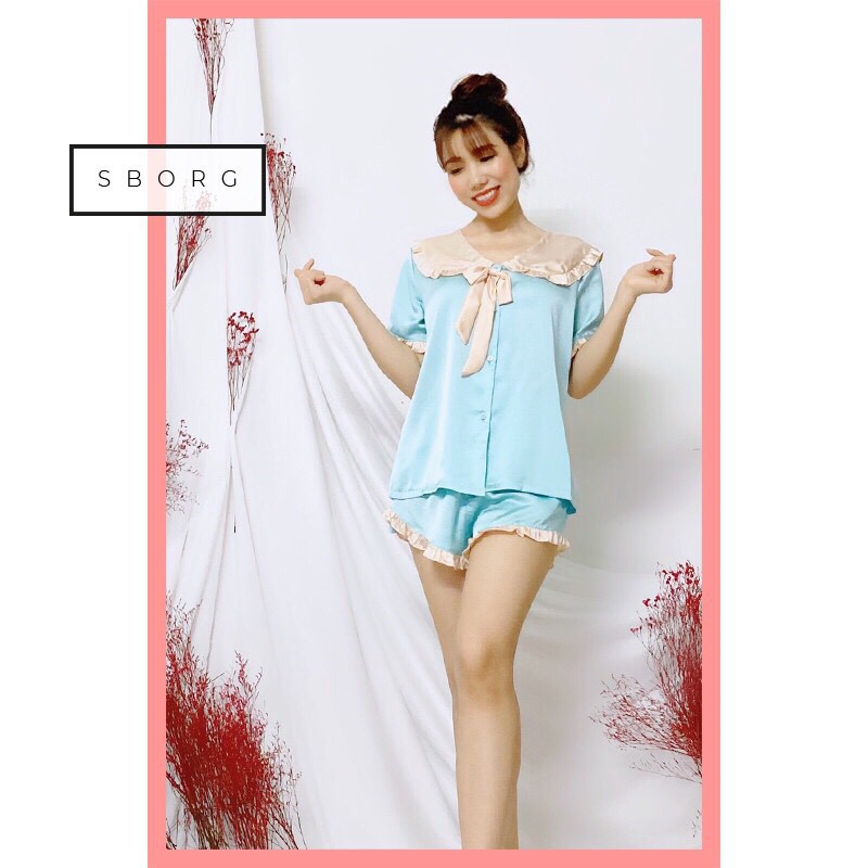 Đồ Bộ Pijama Vintage tiểu thư SBORG Bộ Lụa SaTin Áo Cộc Quần Đùi Phối Bèo Cổ Nơ đồ ngủ Quà Tặng Vợ 8 3 !