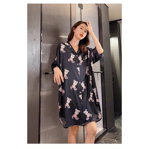 Váy ngủ sơ mi lụa tay lỡ gấu bảy sắc cầu vòng cute 13