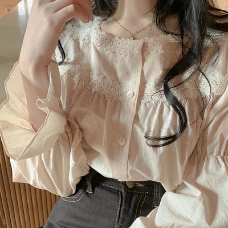 (ảnh thật, hàng sẵn) áo cổ ren vuông 2 màu
