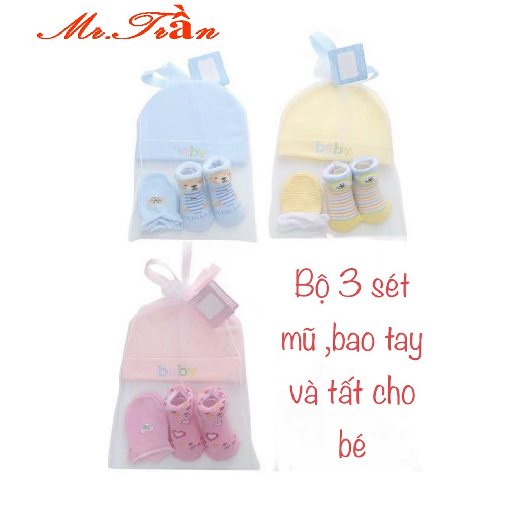 Set 3 món bao tay, bao chân và mũ thóp loại cao cấp siêu mềm cho bé sơ sinh trong túi lưới