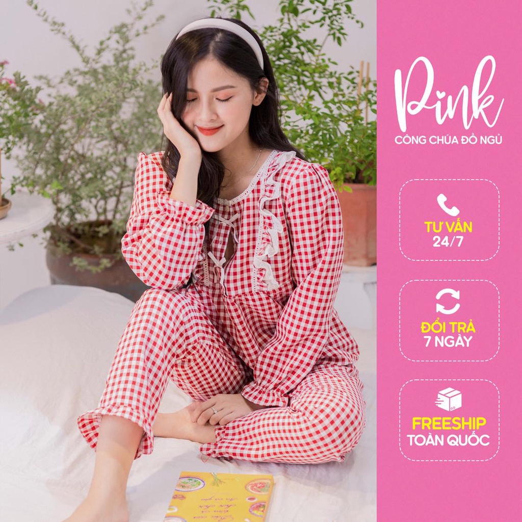 Bộ Đồ Pijama Nữ Màu Hồng Caro Tay Dài Quần Dài Mùa Đông Vải Kate Ấm Đồ Ngủ Chất Lượng Phong Cách Trẻ Trung Hàn Quốc