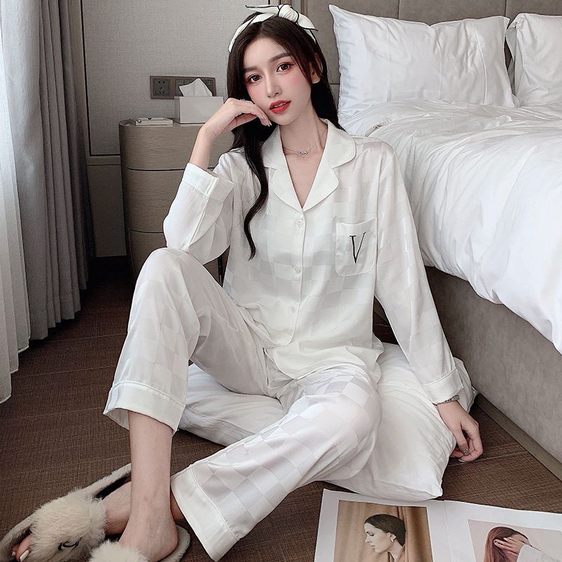 Pajamas girls summer style ice silk cool jacquard plaid young and beautiful ins household clothes women can wear suits in summer