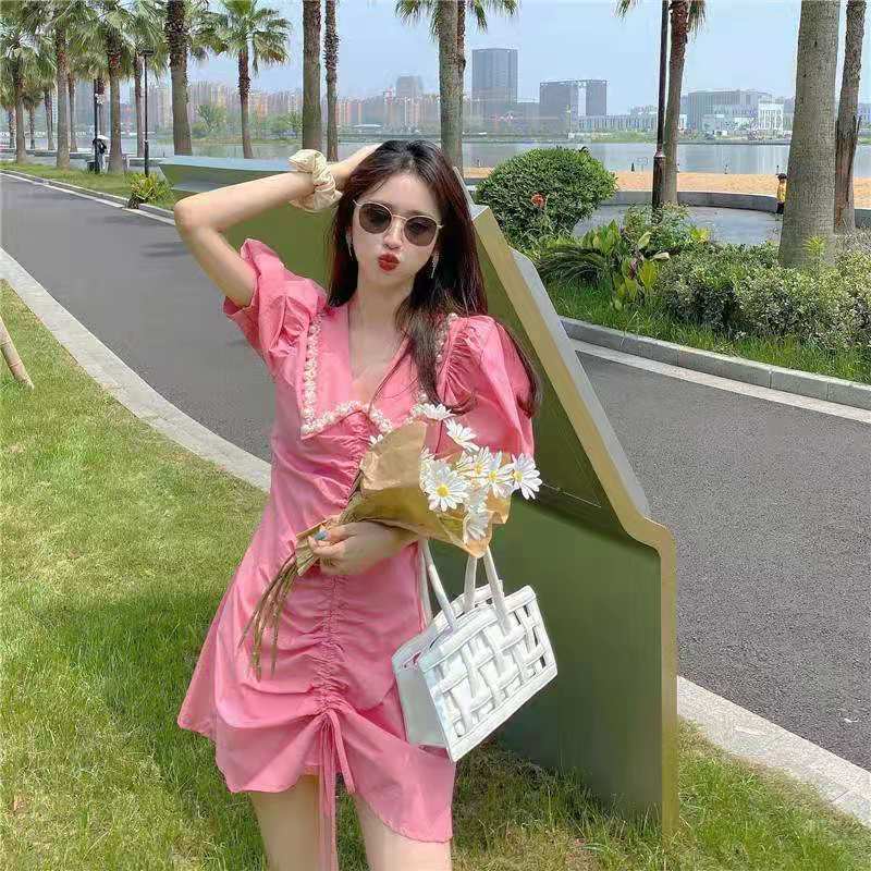 Đầm Tay Phồng Cổ Bẻ Đính Ngọc Trai Phong Cách Pháp Thời Trang Mùa Hè Cho Nữ