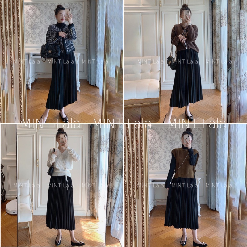 Chân Váy Xếp Ly Dài Qua Gối Phong Cách Hàn Quốc Cao Cấp