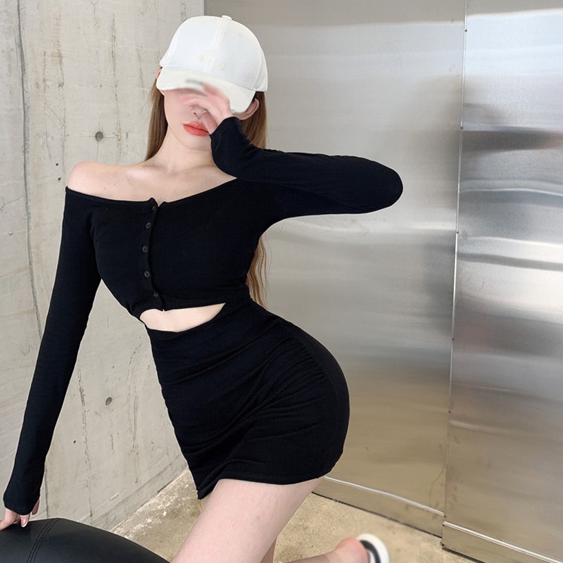 Đầm Tay Dài Hở Vai Màu Sắc Trơn Phong Cách Hàn Quốc Quyến Rũ Cho Nữ