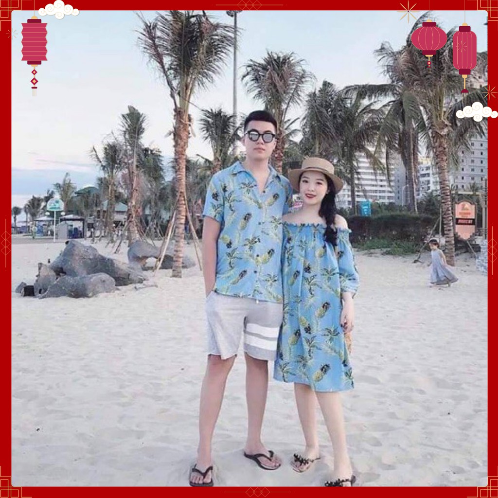 Set áo váy đôi đi biển họa tiết hoa lá (váy trễ vai + sơ mi nam)