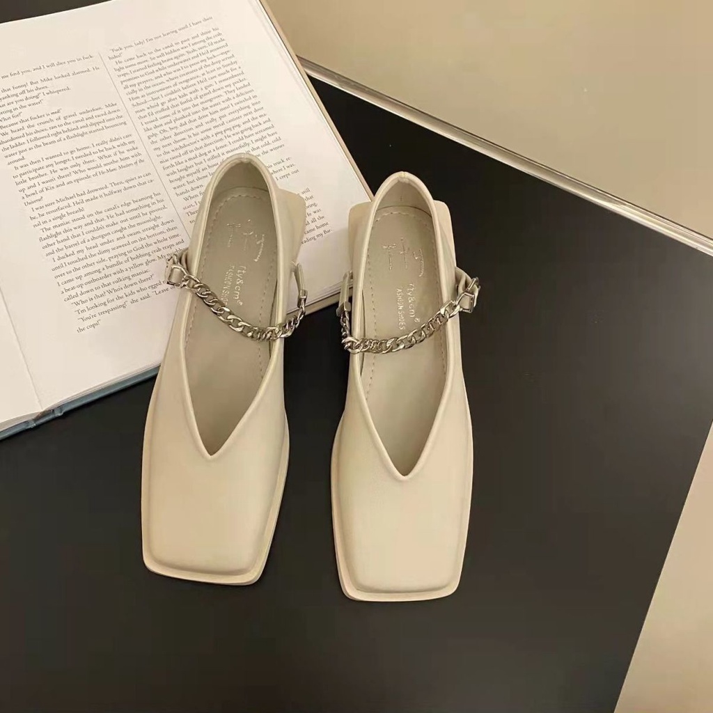 Giày Da Mũi Vuông Đế Bằng Phong Cách Pháp Cho Nữ