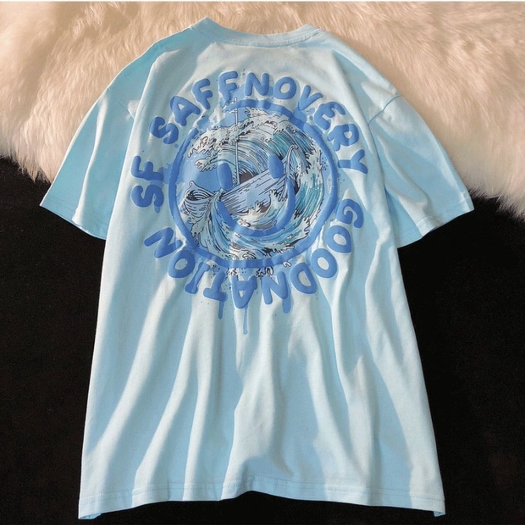 Áo Thun Cotton Tay Ngắn Dáng Rộng In Hình Mặt Cười Phong Cách Hip Hop Thời Trang