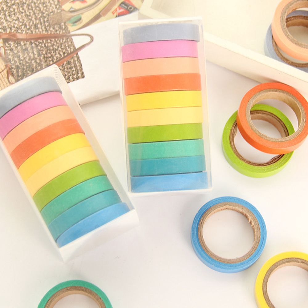 Set 10 Cuộn Băng Keo Giấy Nhiều Màu Sắc Dùng Để Trang Trí Đồ Thủ Công