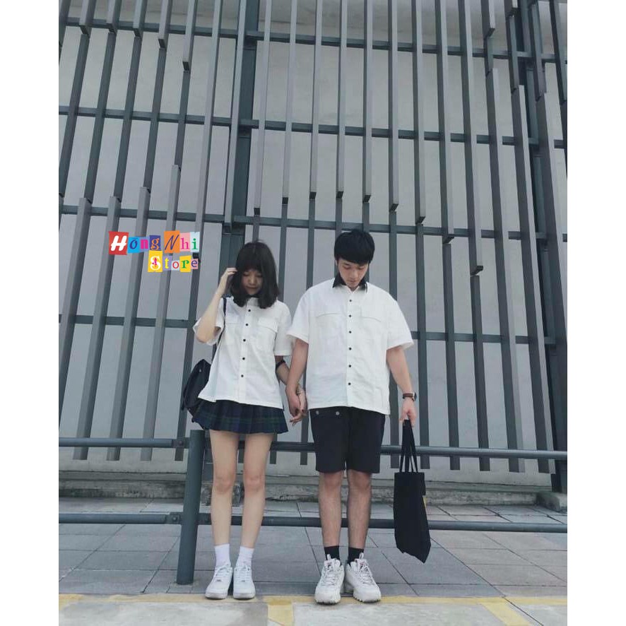 SƠ MI TAY LỠ DÁNG RỘNG UNISEX PHỐI CỔ 2 TÚI MÀU TRẮNG - SƠ MI MIX TAY LỠ- MM