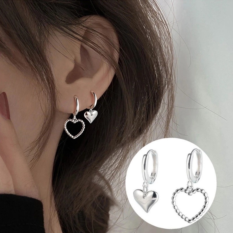 Khuyên Tai Bạc Hình Trái Tim/Trái Tim Rỗng Màu Sắc Không Đối Xứng Xu Hướng Hàn Quốc Cho Nữ