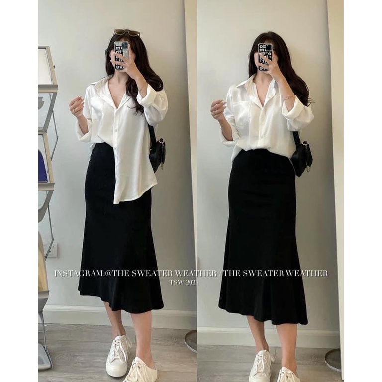 Sơ mi nữ Trắng chất liệu lụa chống nhăn túi ngực thoáng mát nữ tính Freesize - Sơ mi nữ công sở cổ bẻ dài tay form rộng