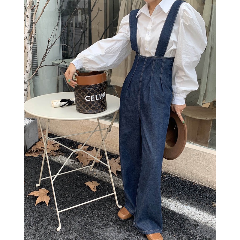 👗👗Quần Yếm Denim Lưng Cao Ống Rộng Phong Cách Hàn Quốc Dành Cho Nữ
