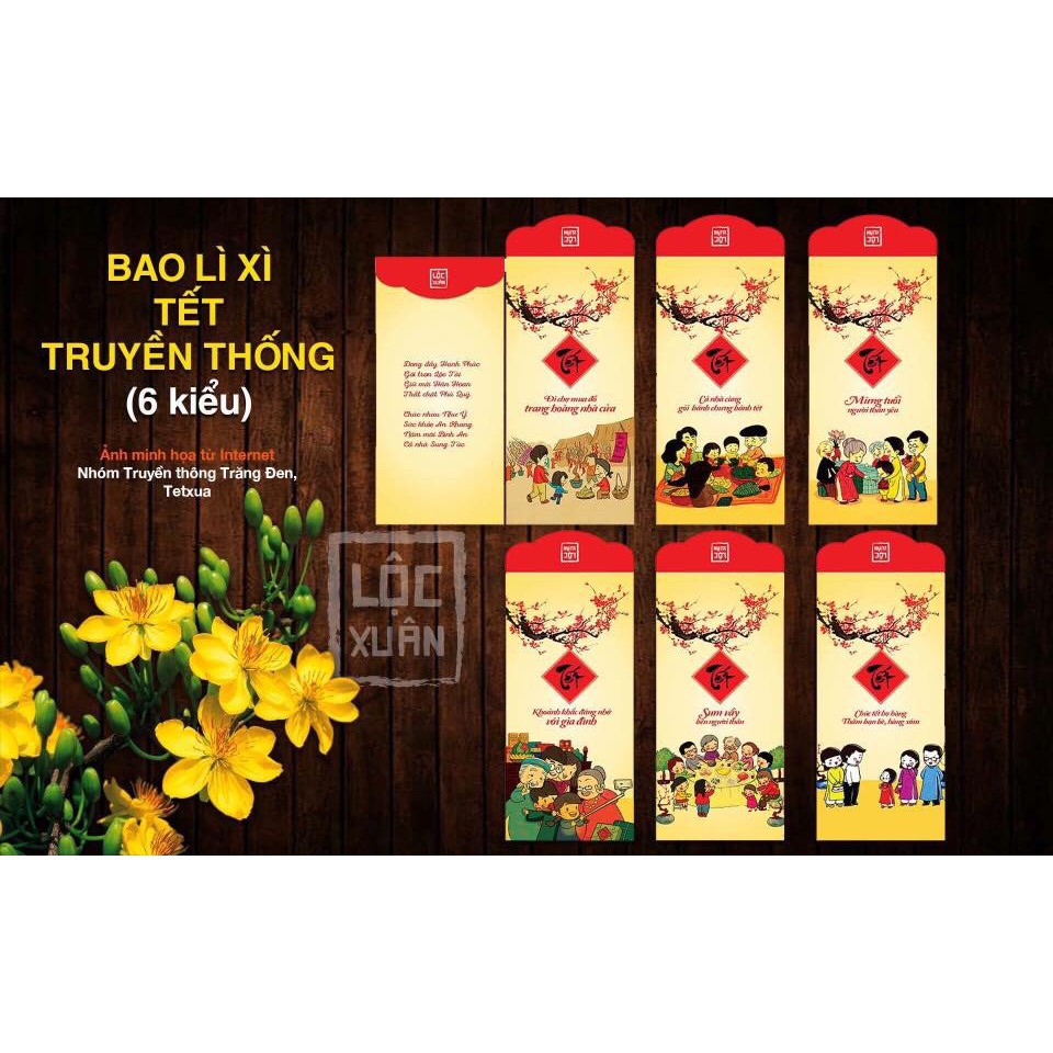 Tết - Bao lì xì truyền thống tết Truyền Thống 6 Kiểu màu vàng ( Túi 6 cái )