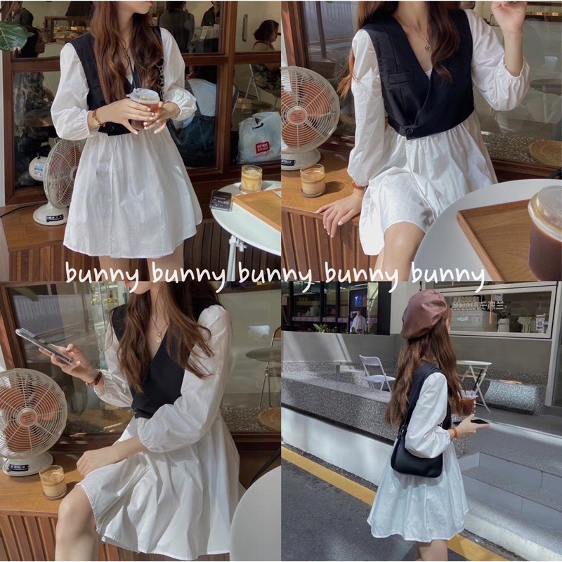 Váy babydoll tiểu thư pha sơ mi vintage Hàn Quốc