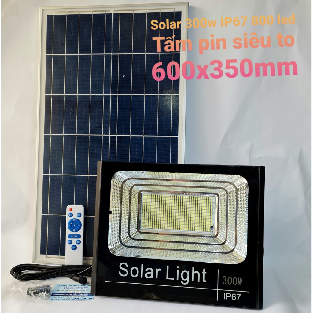 Đèn led pha năng lượng mặt trời 300w IP67 có remote tấm pin 600x350mm, dây nối dài 5m - Bảo hành 12 tháng