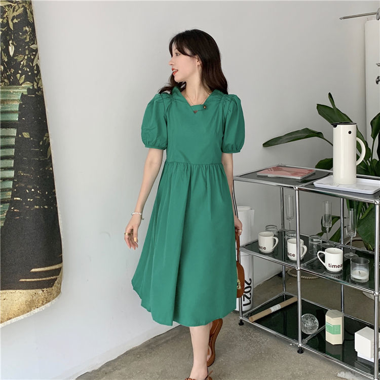 Yunyun Clothing Home ~ Summer 2021 New Korean Design Sense Neckline Buckle Lace Up Waist Short Sleeve Dress[delivery Within 15 Days ]