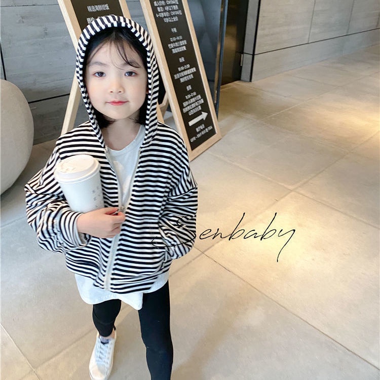 Áo Khoác Cardigan Có Nón Họa Tiết Kẻ Sọc Phong Cách Nhật Bản Thời Trang Xuân Thu Mới 2022 Cho Bé Gái