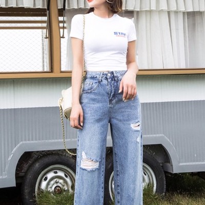 [Size 32-35] Quần Suông Dài Nhạt Rách 391.2, Lưng Cao Qua Rốn, Không Giãn - Quần Ống Rộng Bigsize